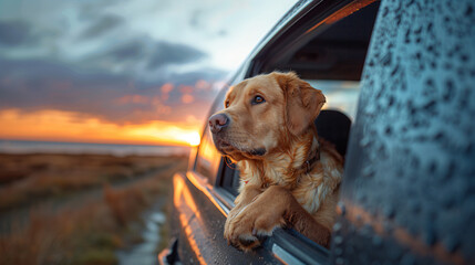 A labrador dog laying in the back of a car, looking out the window at the sunset. Concept of travel...