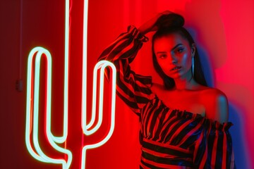 Naklejka na ściany i meble fashion model posing beside a lifesized neon cactus