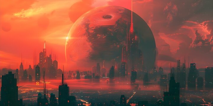 Surreal futuristic alien city with energy beam tower and intergalactic planet landscape. Concept Future cityscape, Alien architecture, Energy beam tower, Intergalactic planet, Surreal landscape