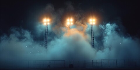 stadium lights and smoke against dark night sky background