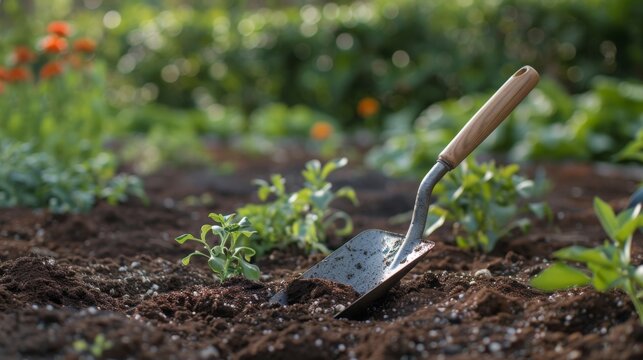 Garden With Shovel Digging in Dirt