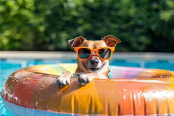 Cute dog relaxing in a summer swimming pool inflatable ring float - obrazy, fototapety, plakaty