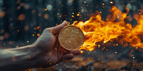 Man's hand in a fire is holding up gold medal on a dark background. Winner in a competition. - obrazy, fototapety, plakaty