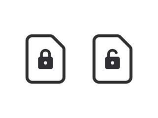 Document icons. Lock icon. Unlock file. Secret document. Padlock icon. Document protection. Information hiding. Data protection. File lock. Profile protection. Personal document. Closed profile. 