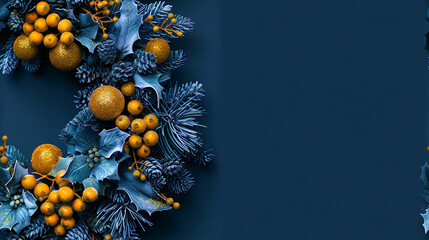 beautiful christmas wreath, blue and yellow color palette