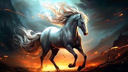 Fantasy Illustration of a wild Horse. Digital art style wallpaper background. - obrazy, fototapety, plakaty