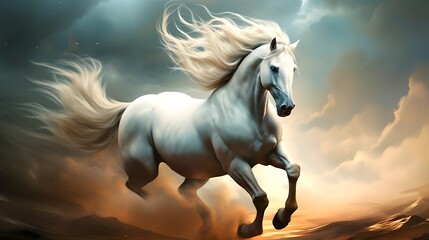 Fantasy Illustration of a wild Horse. Digital art style wallpaper background. - obrazy, fototapety, plakaty