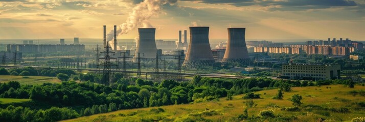 View from afar of a nuclear power plant, operating nuclear reactors against the backdrop of nature, peaceful atom, banner