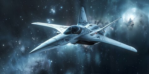 Sleek and Advanced: Futuristic Fighter Jet in a Galactic Setting. Concept Futuristic Jet, Galactic Setting, Advanced Technology, Sleek Design, Space Warfare - obrazy, fototapety, plakaty