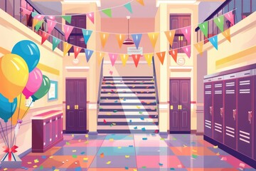 School hallway during holiday or graduation event decorated with party flags, balloons and drapery