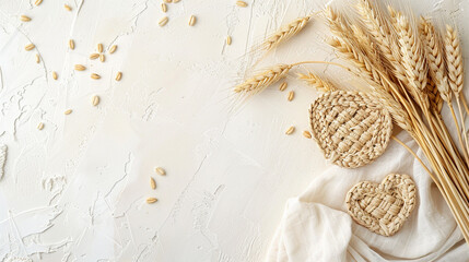 top view background of a white textured background table with wheat and a woven heart, center is blank
