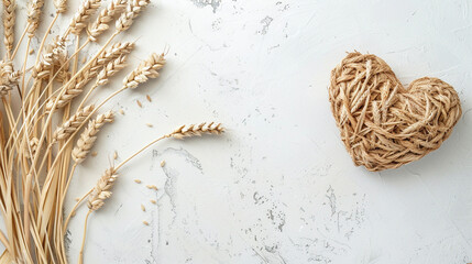top view background of a white textured background table with wheat and a woven heart, center is blank