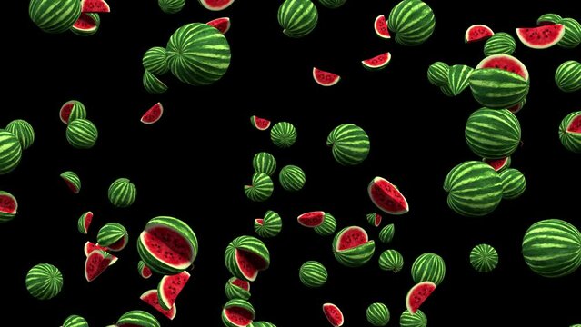 Falling watermelons &ndash; 3d render, 60fps, looped with alpha channel.
