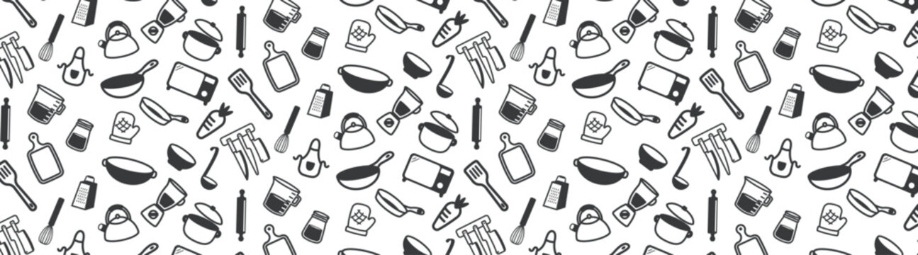 kitchen tools, cooking equipment utensil icon seamless pattern doodle background, wallpaper