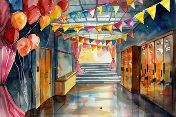 Obraz premium School hallway during holiday or graduation event decorated with party flags, balloons and drapery