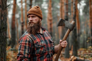 A pumped up young bearded man stands with an ax against the background of the forest