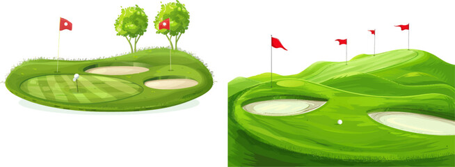 Green golf course with hole and red flags for invitation card, poster and banner, play tournament vector template - obrazy, fototapety, plakaty