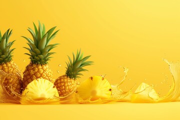 Fresh ripe sliced pineapple in splashes of water, healthy fruit - obrazy, fototapety, plakaty