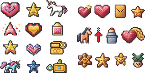 Retro 8 bit games art, pixelated heart and star icon