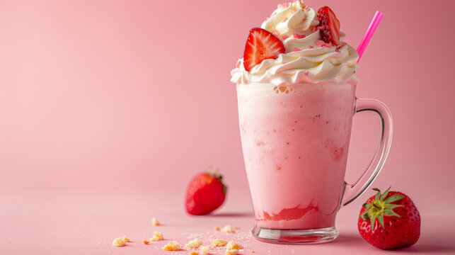A strawberry milkshake in an extra large glass mug, with whipped cream and strawberries on top, summer drink