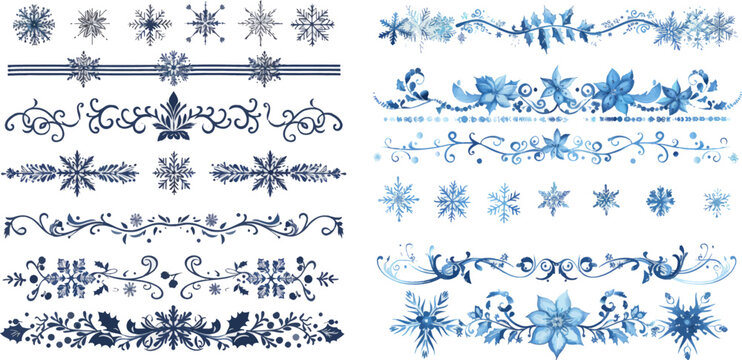 Snowflakes borders, Christmas holiday decor and floral ornate dividers