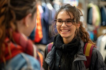 Fototapeta premium A young department store clerk smiles at a customer at a clothing store