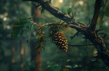 a pinecone is hanging on a branch of the forest