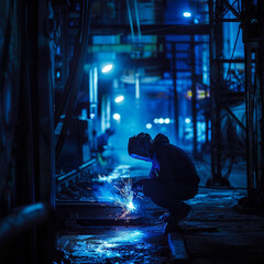 person do welding in blue by night in a industry hall a lot of glimmer