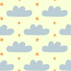 Abstract pattern of clouds and stars on a white background, children's pattern, design for wrapping paper, backdrop, wallpaper