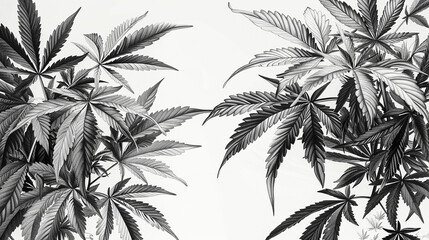 old layout or blueprint for botanical studies, hand draw, cannabis plants, in black and white