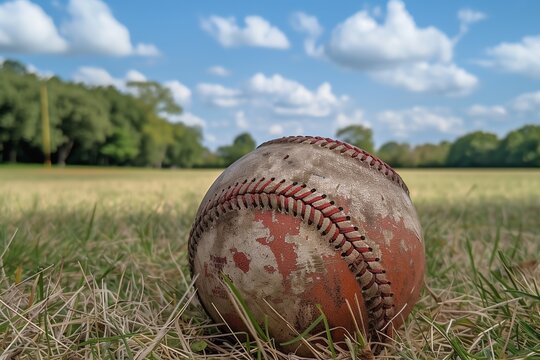Old worn leather baseball on wood with light