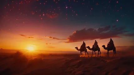 Selbstklebende Fototapeten three wisemen travelling on a camel in the wilderness in the old bible times © MachArt