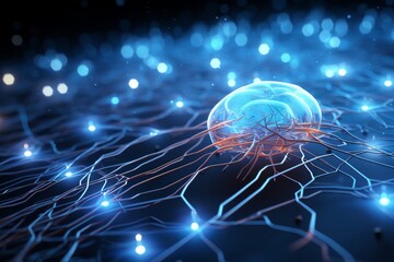 Naklejka na ściany i meble Braincomputer interface in use, closeup, neural connection light , clean sharp