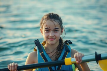 Beautiful young female kayaking, sport concept