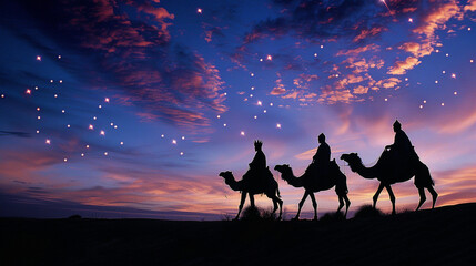 three wisemen travelling on a camel in the wilderness in the old bible times