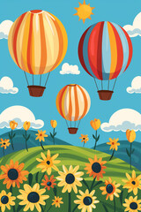 Fototapeta na wymiar Kids Poster Balloon Landscape Sun Flowers
