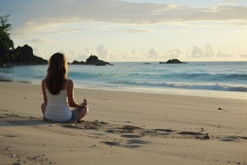Fototapeta na wymiar Calm woman meditating ocean sand beach