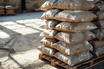 Cement bags stored on construction pallets - obrazy, fototapety, plakaty