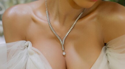 A close-up of a diamond necklace on a bride's neck