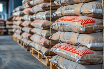Cement bags stored on construction pallets
