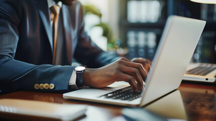 businessman sitting at desk working on laptop, person sitting in office typing on laptop