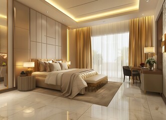 A modern and luxurious hotel room with a large bed, golden curtains, beige walls, light floor tiles, and a desk in the corner set in an Indian city