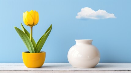 A single yellow tulip against a clear sky with whimsical cloud
