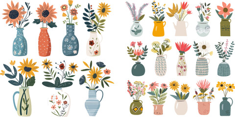 Blooming spring flowers, tropical leaves and herbs in jugs and teapots - obrazy, fototapety, plakaty