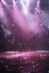 concert stage, no instruments, glitter background, metallic confetti, shades of light pink, creative design