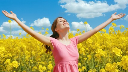 Naklejka na ściany i meble Woman with arms outstretched, celebrating life in a sunny yellow flower field