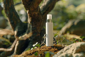 An eco-friendly cream tube mockup placed against a natural forest backdrop, emphasizing its use of natural components.