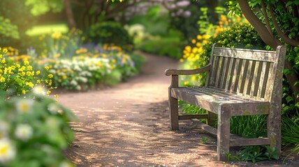 A wooden bench on a sun-dappled garden path, surrounded by flowers