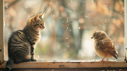 A serene interaction between a striped cat and a small bird on a rustic window ledge with warm light