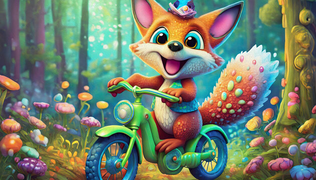Oil painting  style happy red fox riding a green eco-friendly bicycle